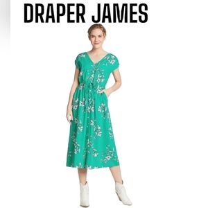 DRAPER JAMES Green Floral Tiny White Dots VNeck Button Front Spring Maxi Dress M